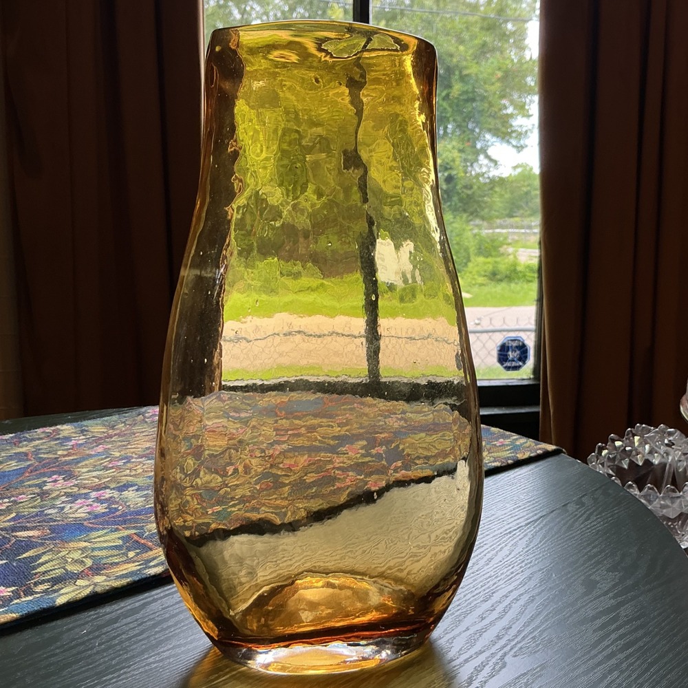 Vintage Amber Hand Blown Glass Vase 10.5"  Honey Gold MCM